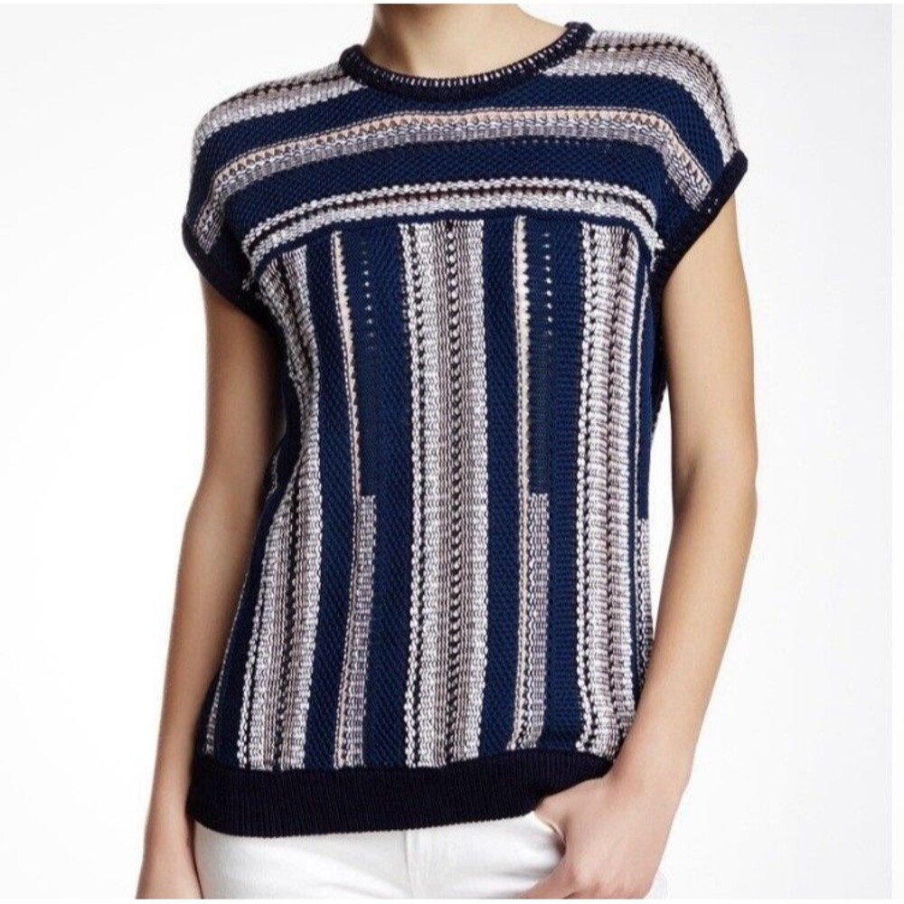 Tory Burch Top Knit Linen Blend Navy Blue Striped Cap Sleeve Crochet Size Medium